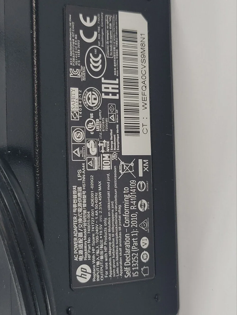 Hp Laptop Power Adapter Cord 45w 740015-004